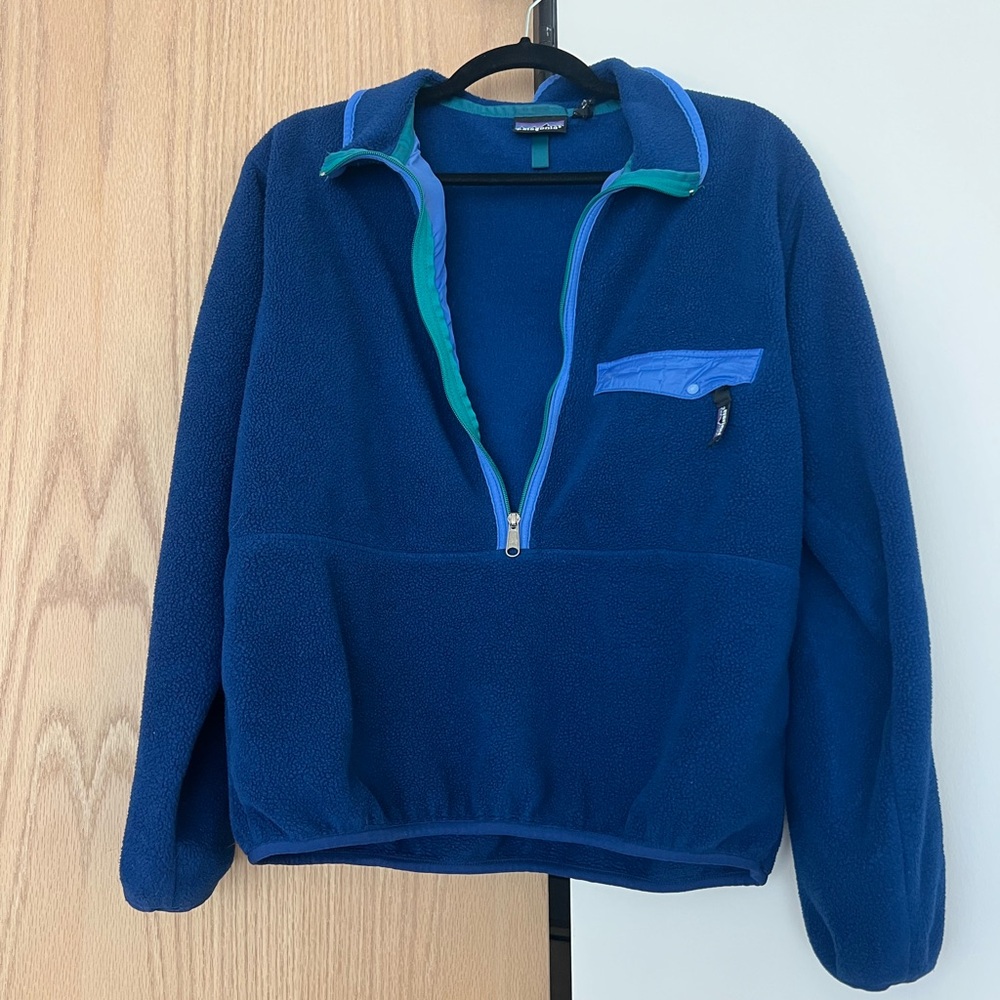 Patagonia Blue Fleece Pullover with Green Trim